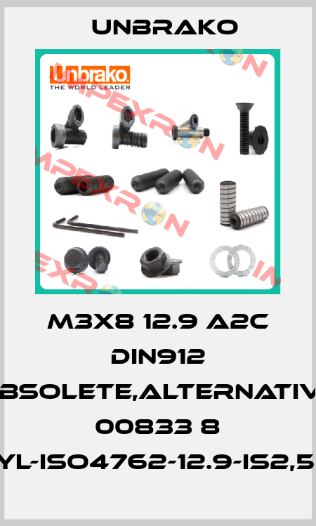 M3x8 12.9 A2C DIN912 obsolete,alternative 00833 8 (SHR-ZYL-ISO4762-12.9-IS2,5-M3X8) Unbrako