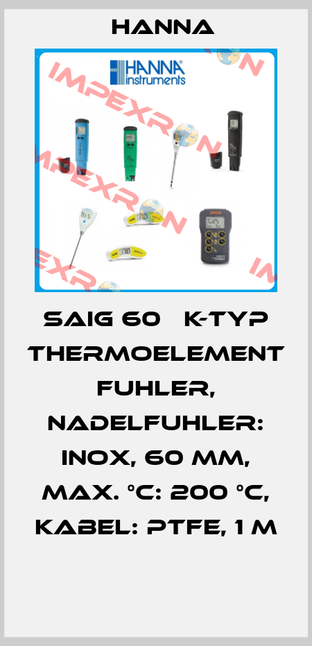 SAIG 60   K-TYP THERMOELEMENT FUHLER, NADELFUHLER: INOX, 60 MM, MAX. °C: 200 °C, KABEL: PTFE, 1 M  Hanna