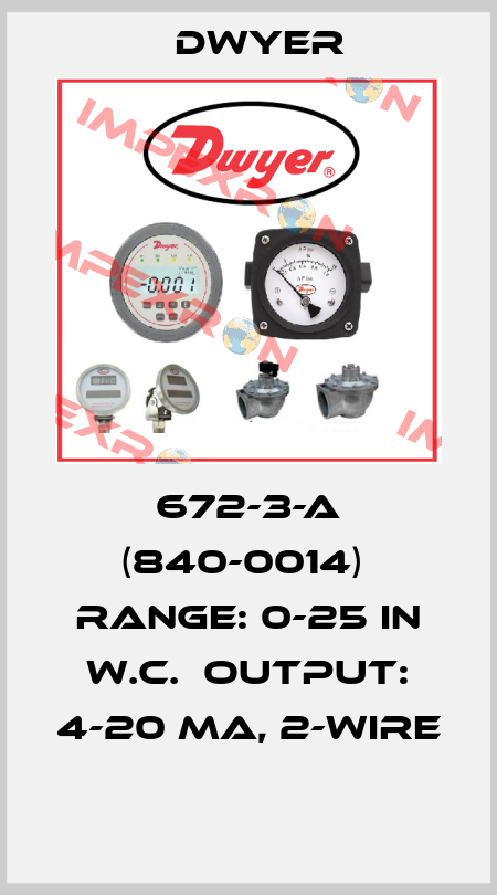 672-3-A (840-0014)  Range: 0-25 in w.c.  Output: 4-20 mA, 2-wire  Dwyer