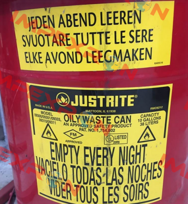 Both labels for OILY WASTE CAN PAT.NO. 1,754,802  Justrite