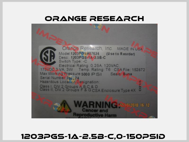 1203PGS-1A-2.5B-C,0-150PSID  Orange Research