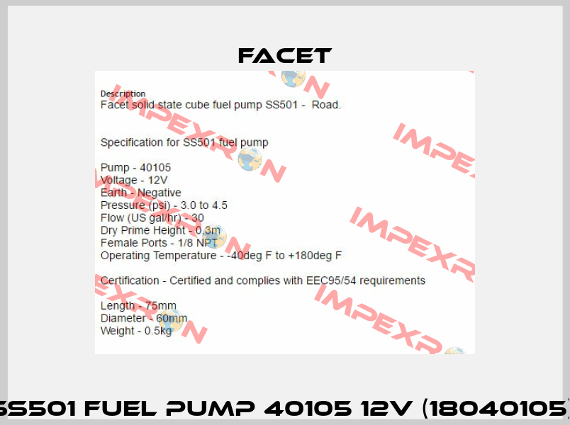 SS501 FUEL PUMP 40105 12V (18040105)  Facet