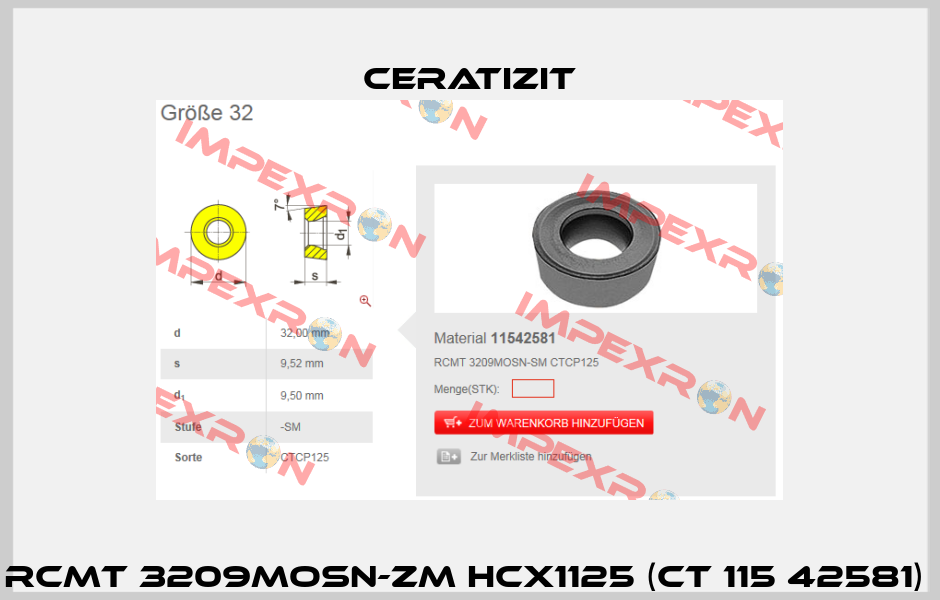 RCMT 3209MOSN-ZM HCX1125 (CT 115 42581)  Ceratizit